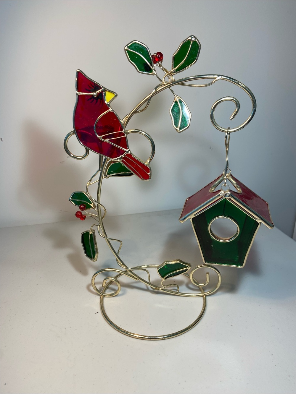 Stained Glass Cardinal & Birdhouse Holiday Tabletop Tealight Hold Red and Green